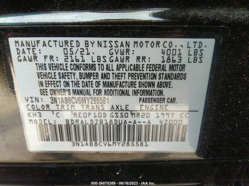 VIN 3N1AB8CV6MY285581 2021 NISSAN SENTRA SV