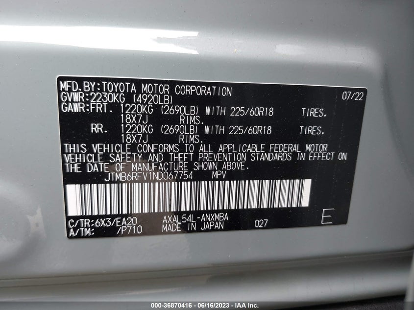 VIN JTMB6RFV1ND067754 2022 TOYOTA RAV4 HYBRID XLE PREMIUM