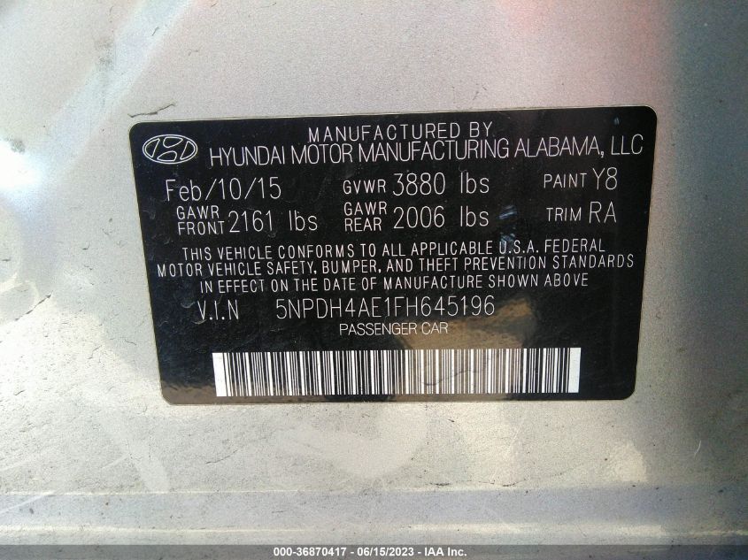 2015 HYUNDAI ELANTRA SE - 5NPDH4AE1FH645196