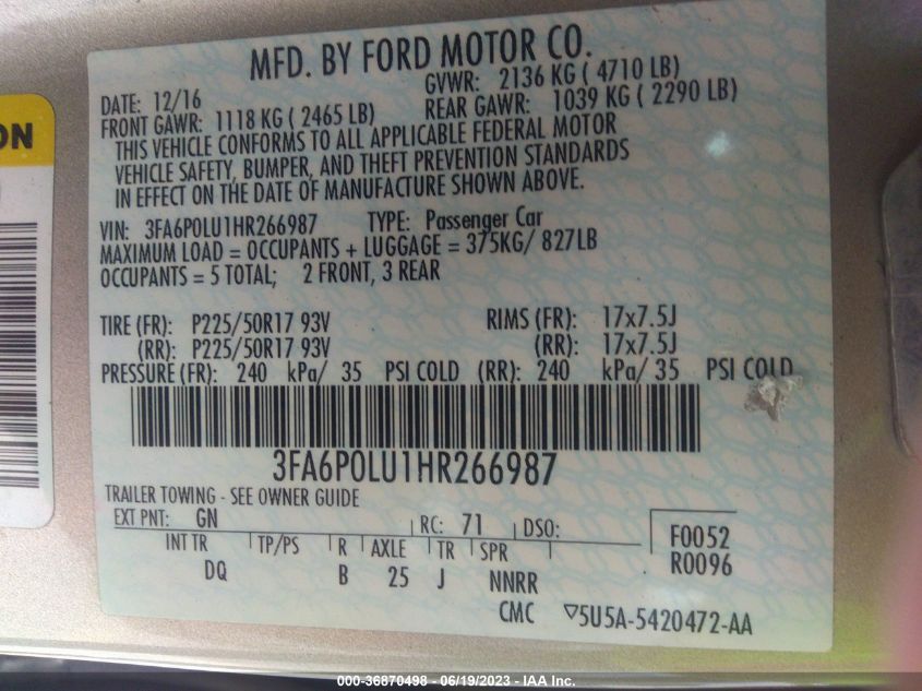 2017 FORD FUSION HYBRID SE - 3FA6P0LU1HR266987