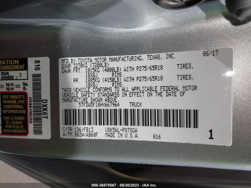 2017 TOYOTA TUNDRA 4WD SR5/TRD PRO - 5TFDW5F18HX667964