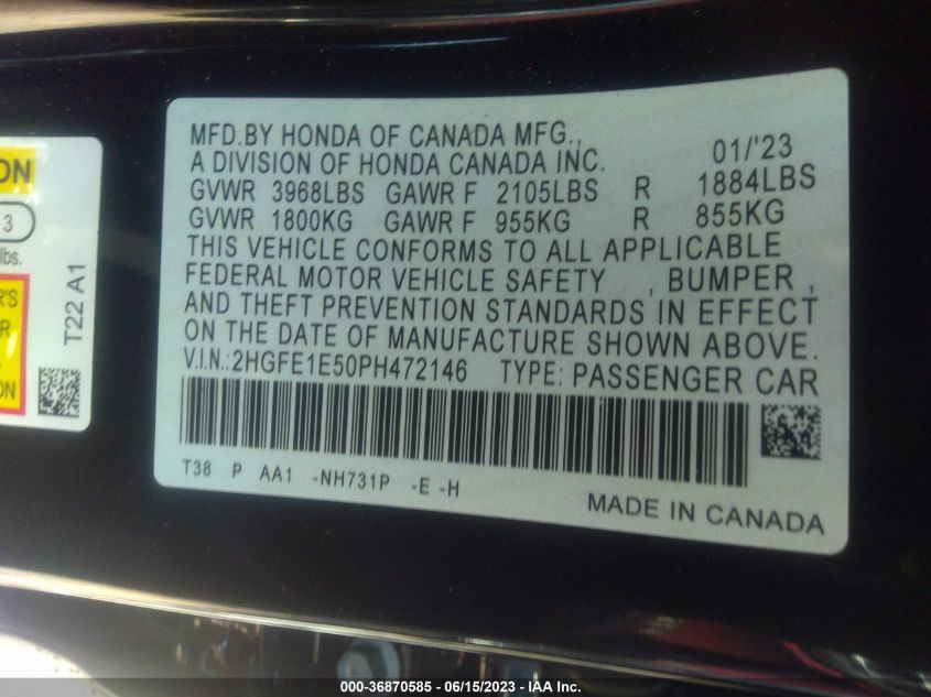 2023 HONDA CIVIC SI 2HGFE1E50PH472146