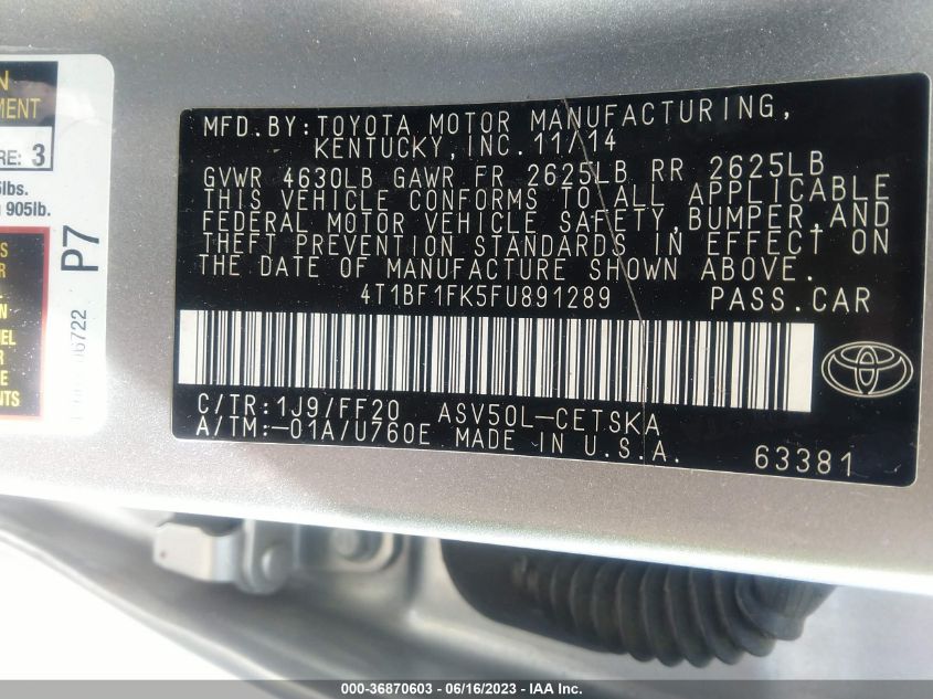 2015 TOYOTA CAMRY XLE/SE/LE/XSE - 4T1BF1FK5FU891289