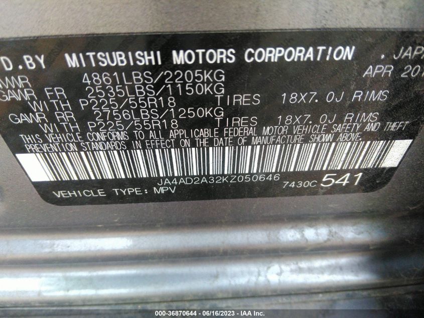 2019 MITSUBISHI OUTLANDER ES - JA4AD2A32KZ050646
