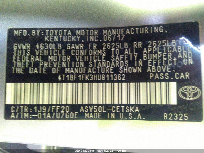 2017 TOYOTA CAMRY LE/XLE/SE/XSE - 4T1BF1FK3HU811362