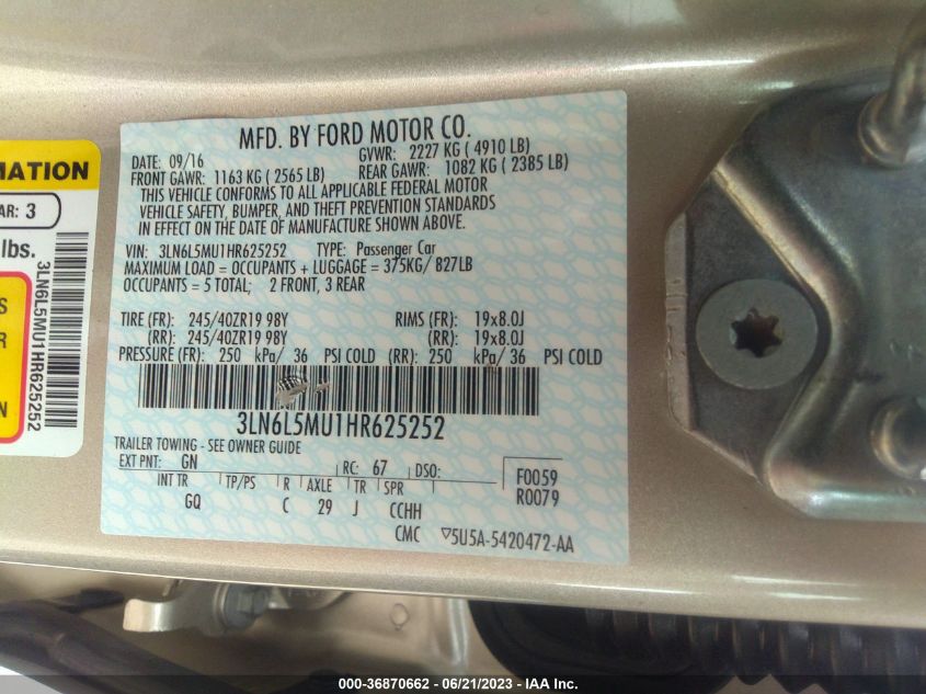 2017 LINCOLN MKZ HYBRID RESERVE - 3LN6L5MU1HR625252
