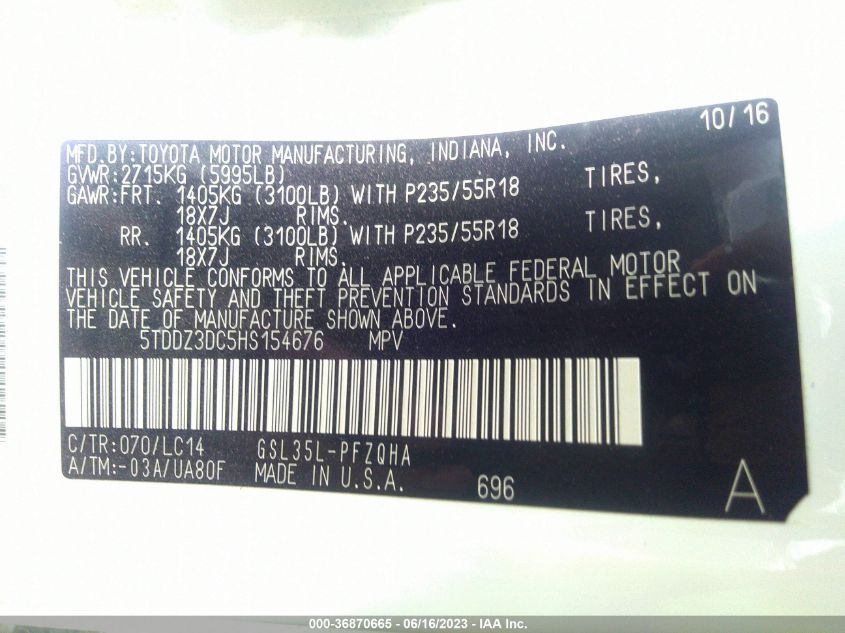 2017 TOYOTA SIENNA XLE - 5TDDZ3DC5HS154676