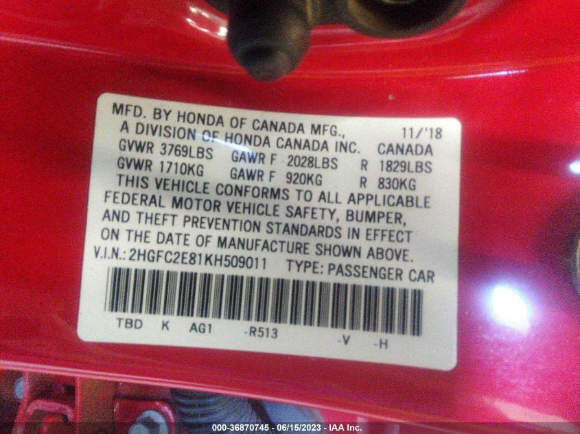 2019 HONDA CIVIC SEDAN SPORT - 2HGFC2E81KH509011