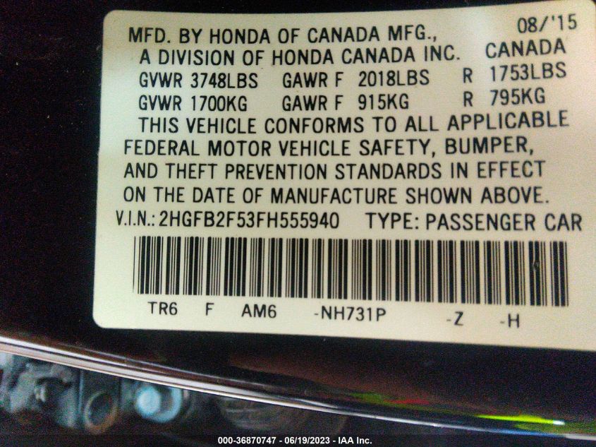 2015 HONDA CIVIC SEDAN LX - 2HGFB2F53FH555940