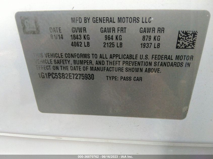 2014 CHEVROLET CRUZE LT - 1G1PC5SB2E7275930
