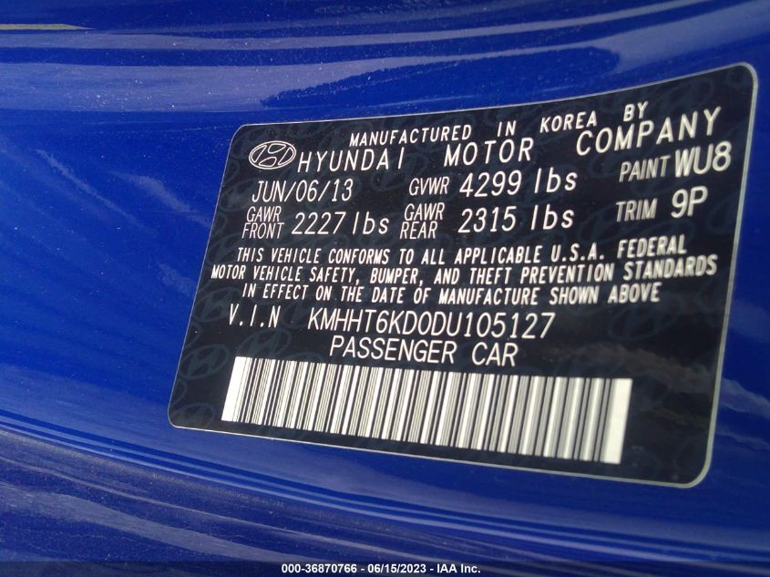 2013 HYUNDAI GENESIS COUPE 2.0T KMHHT6KD0DU105127