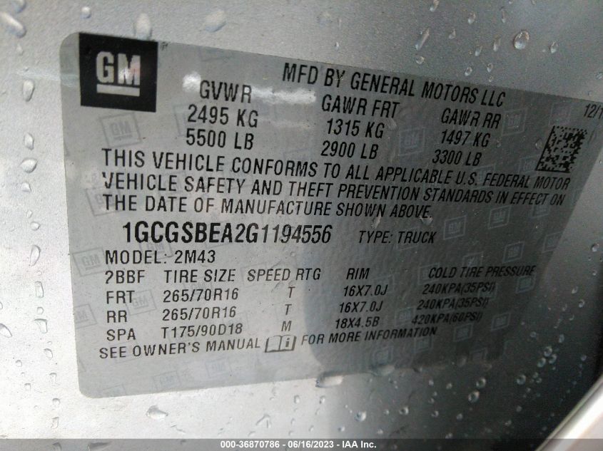 2016 CHEVROLET COLORADO 2WD WT - 1GCGSBEA2G1194556