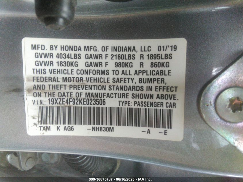 2019 HONDA INSIGHT TOURING 19XZE4F92KE023506