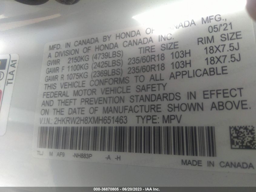 2021 HONDA CR-V EX-L - 2HKRW2H8XMH651463