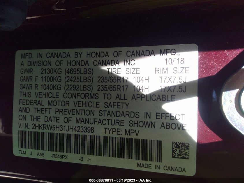 2018 HONDA CR-V LX - 2HKRW5H31JH423398