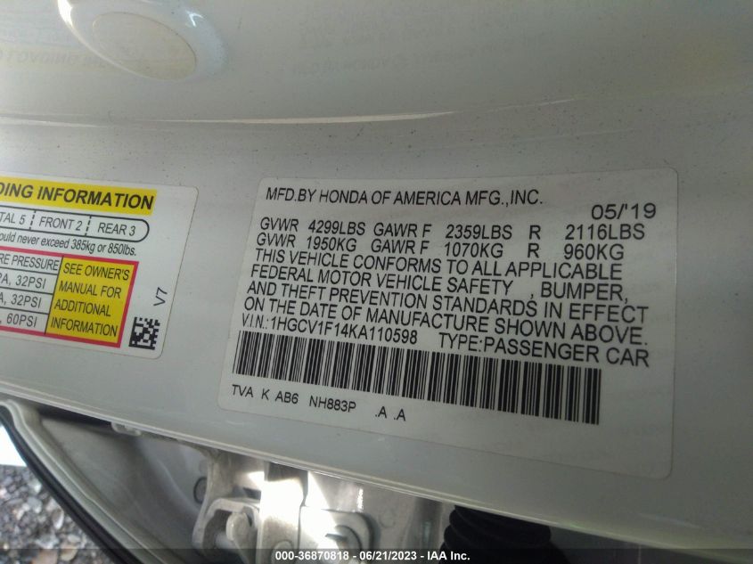 2019 HONDA ACCORD SEDAN LX 1.5T - 1HGCV1F14KA110598