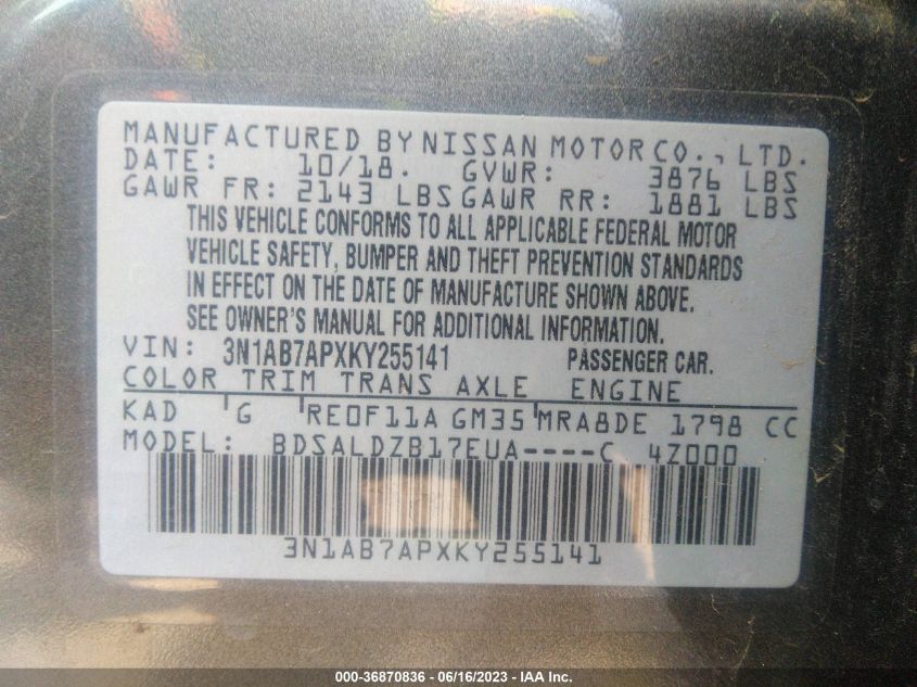 2019 NISSAN SENTRA SV - 3N1AB7APXKY255141