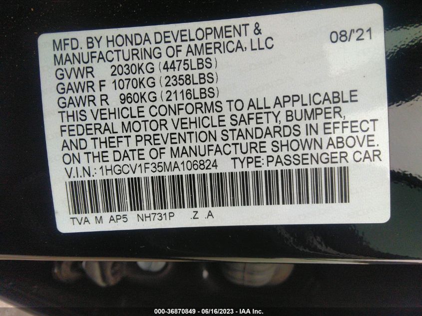 2021 HONDA ACCORD SEDAN SPORT - 1HGCV1F35MA106824