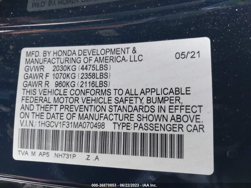 2021 HONDA ACCORD SEDAN SPORT - 1HGCV1F31MA070498