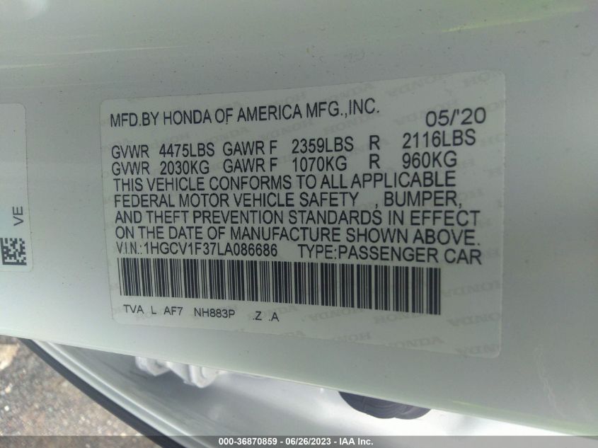 2020 HONDA ACCORD SEDAN SPORT - 1HGCV1F37LA086686