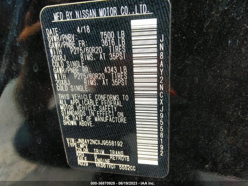 2018 NISSAN ARMADA PLATINUM - JN8AY2NCXJ9558192