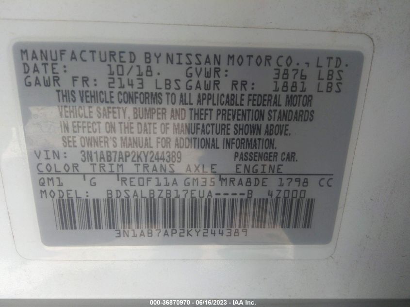 2019 NISSAN SENTRA S/SV/SR/SL - 3N1AB7APZKY244389