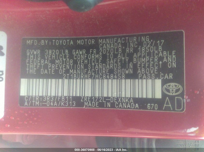 2017 TOYOTA COROLLA L/LE/XLE/SE - 2T1BURHE7HC848458