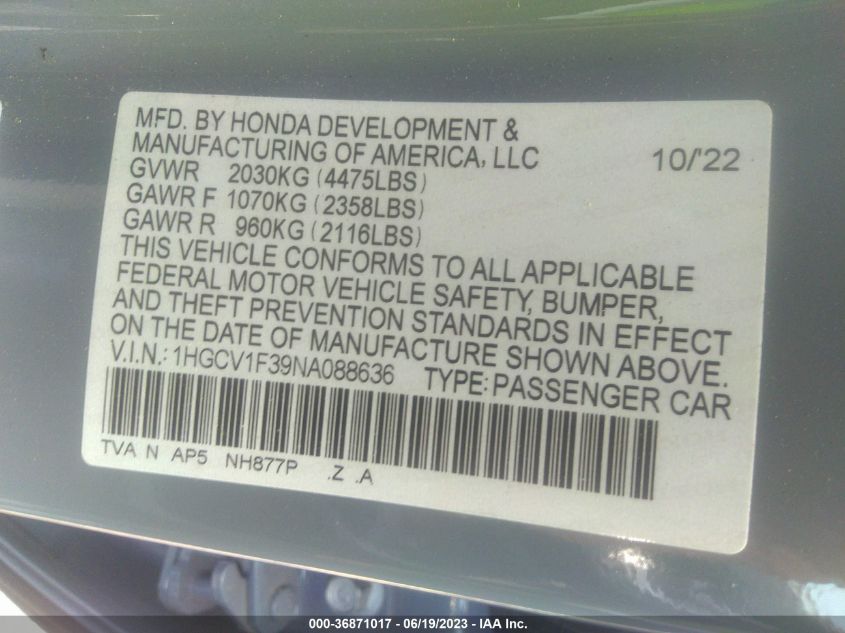 2022 HONDA ACCORD SEDAN SPORT - 1HGCV1F39NA088636