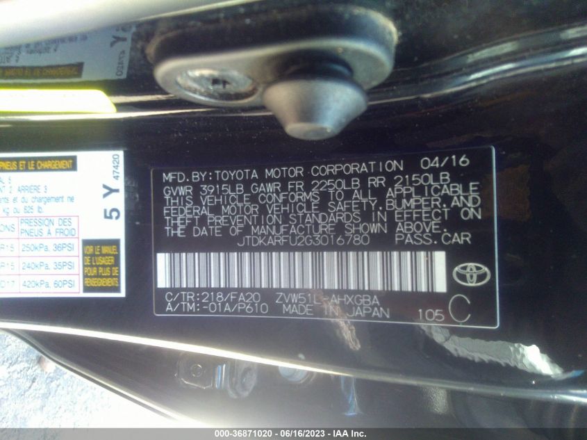 2016 TOYOTA PRIUS FOUR - JTDKARFU2G3016780