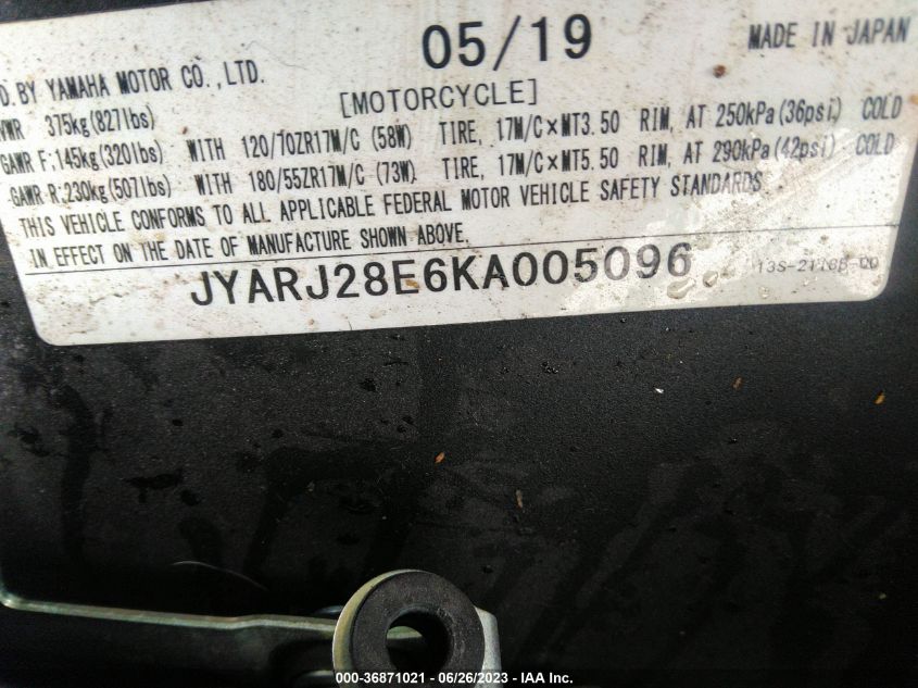2019 YAMAHA YZFR6 JYARJ28E6KA005096