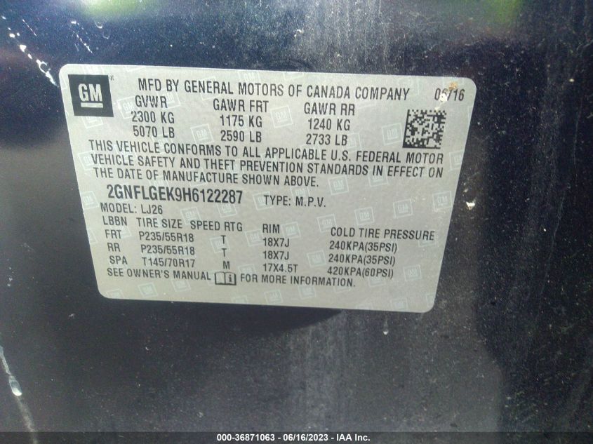2017 CHEVROLET EQUINOX PREMIER - 2GNFLGEK9H6122287