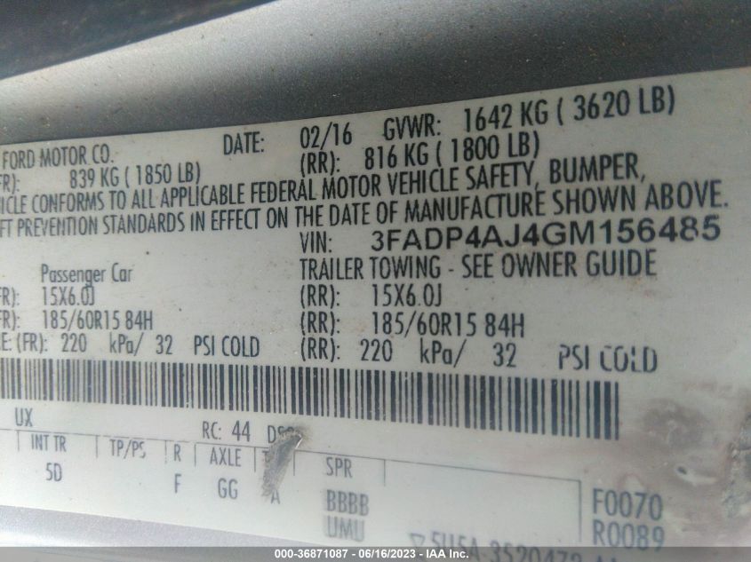 2016 FORD FIESTA S - 3FADP4AJ4GM156485