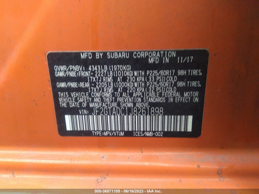 VIN JF2GTADC1J8261898 2018 SUBARU CROSSTREK PREMIUM