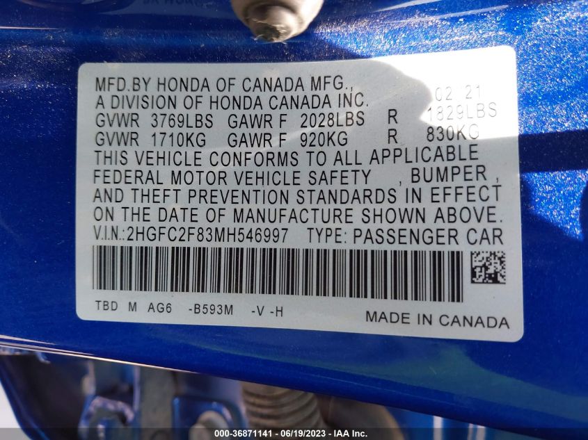 2021 HONDA CIVIC SEDAN SPORT - 2HGFC2F83MH546997