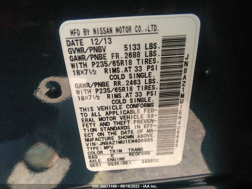 2014 NISSAN MURANO S/SV/SL/LE - JN8AZ1MU1EW406665