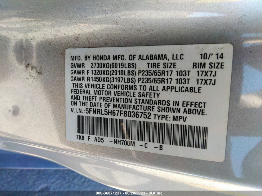 2015 HONDA ODYSSEY EX-L - 5FNRL5H67FB036752