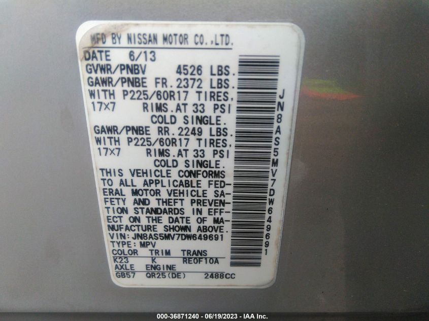 2013 NISSAN ROGUE S/SV - JN8AS5MV7DW649691