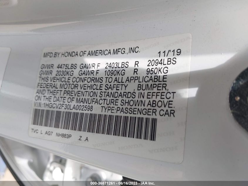 2020 HONDA ACCORD SEDAN SPORT - 1HGCV2F30LA002598