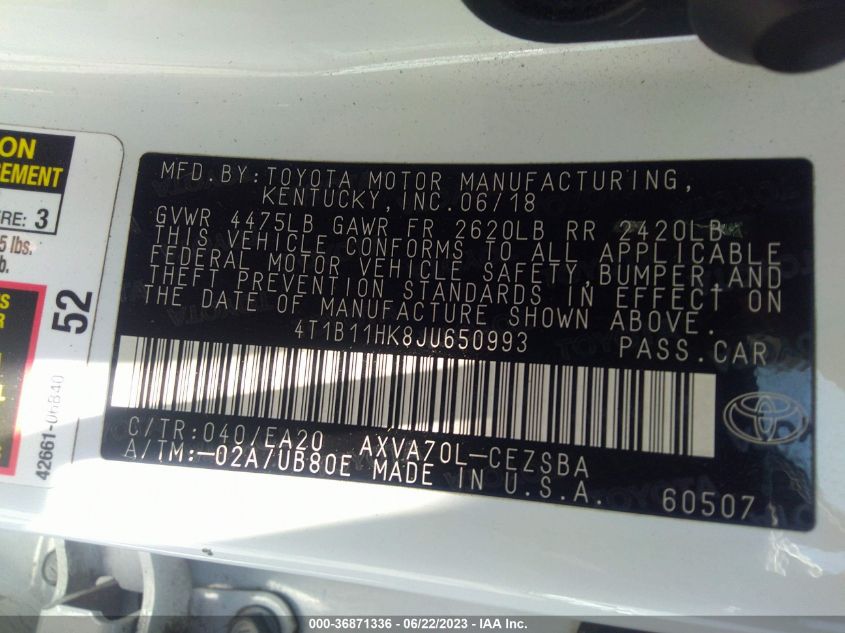 2018 TOYOTA CAMRY LE/SE/XLE/L - 4T1B11HK8JU650993