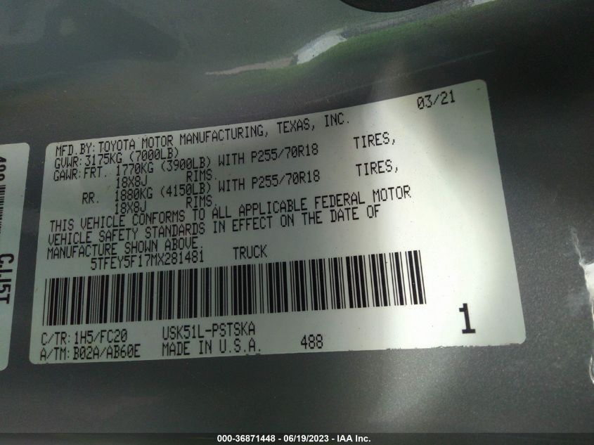 2021 TOYOTA TUNDRA 2WD SR5 - 5TFEY5F17MX281481