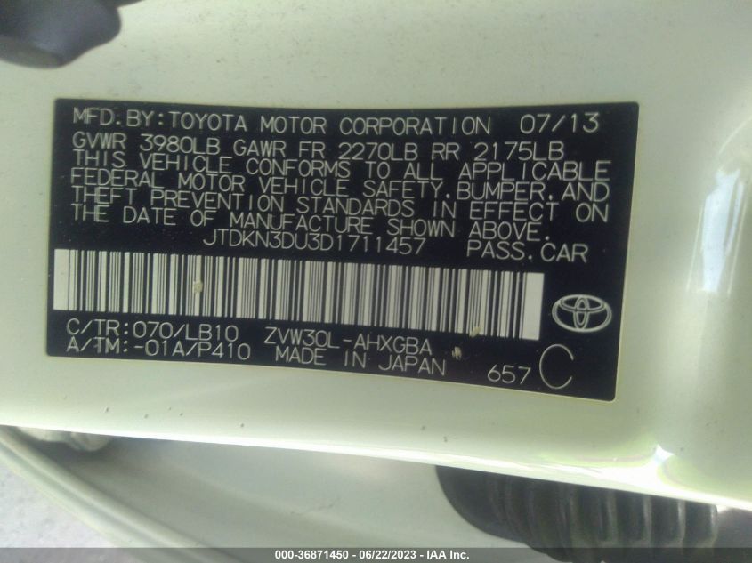 2013 TOYOTA PRIUS ONE/TWO/THREE/FOUR/FIVE - JTDKN3DU3D1711457