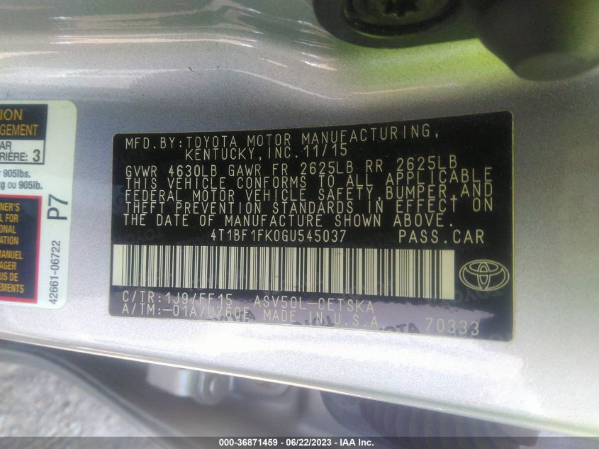 2016 TOYOTA CAMRY XLE/SE/LE/XSE - 4T1BF1FK0GU545037