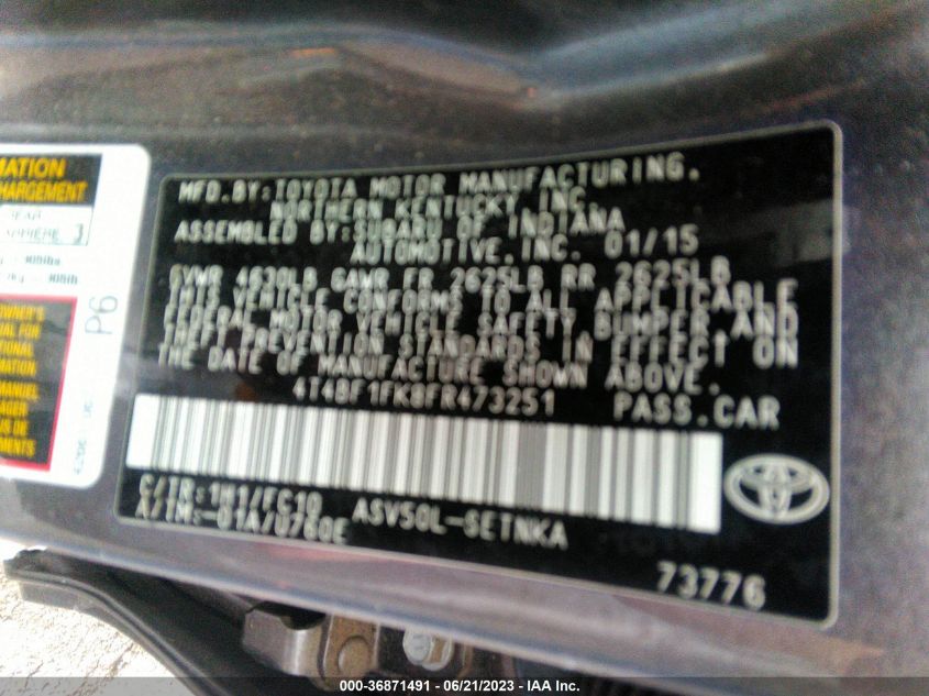 2015 TOYOTA CAMRY XLE/SE/LE/XSE - 4T4BF1FK8FR473251