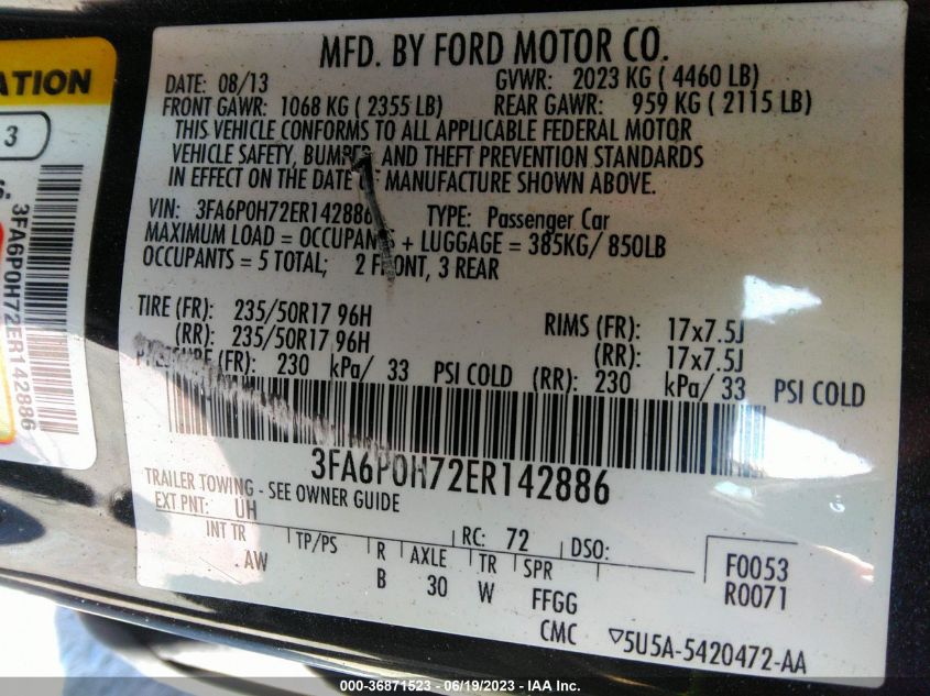 2014 FORD FUSION SE - 3FA6P0H72ER142886