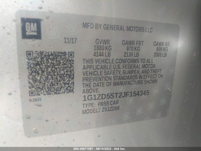 2018 CHEVROLET MALIBU LT - 1G1ZD5ST2JF154345