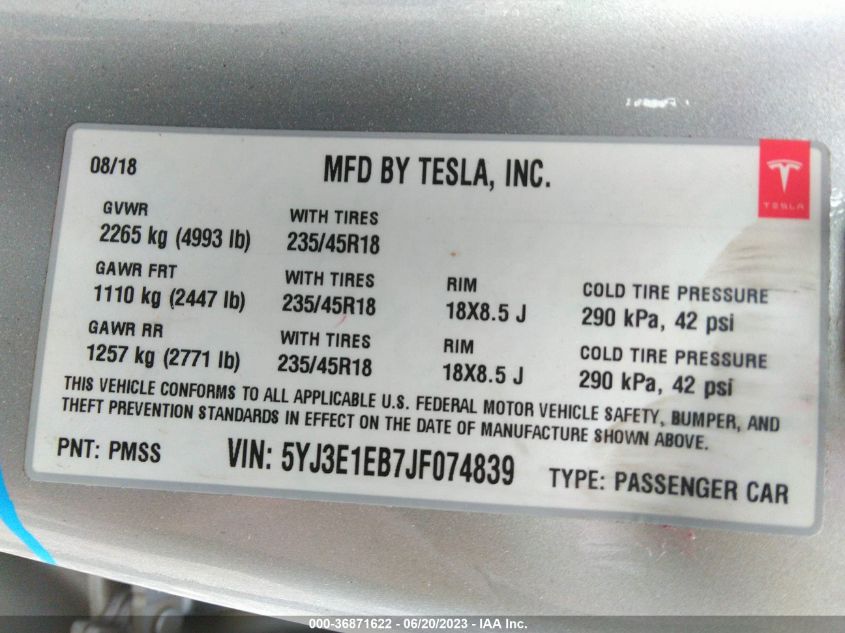 2018 TESLA MODEL 3 - 5YJ3E1EB7JF074839