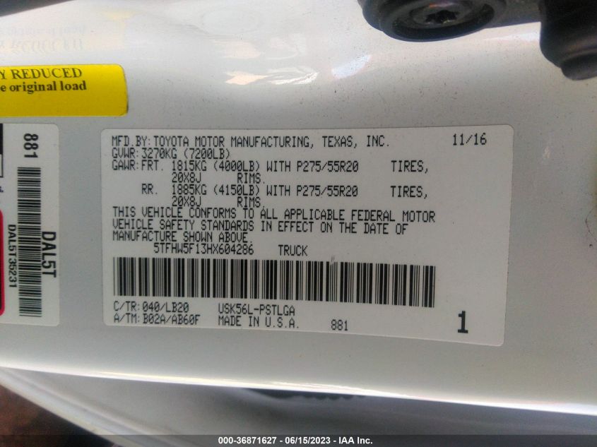 2017 TOYOTA TUNDRA 4WD LIMITED - 5TFHW5F13HX604286
