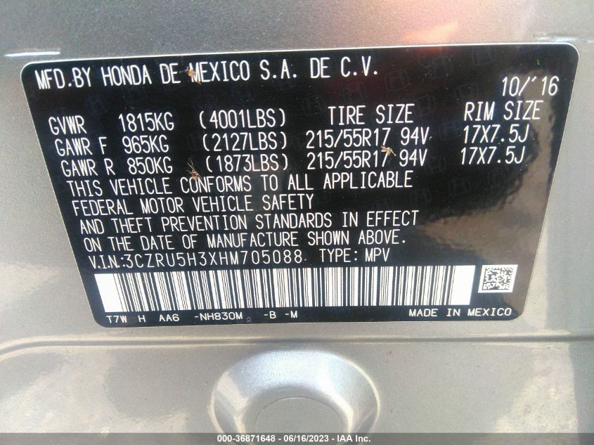 2017 HONDA HR-V LX - 3CZRU5H3XHM705088