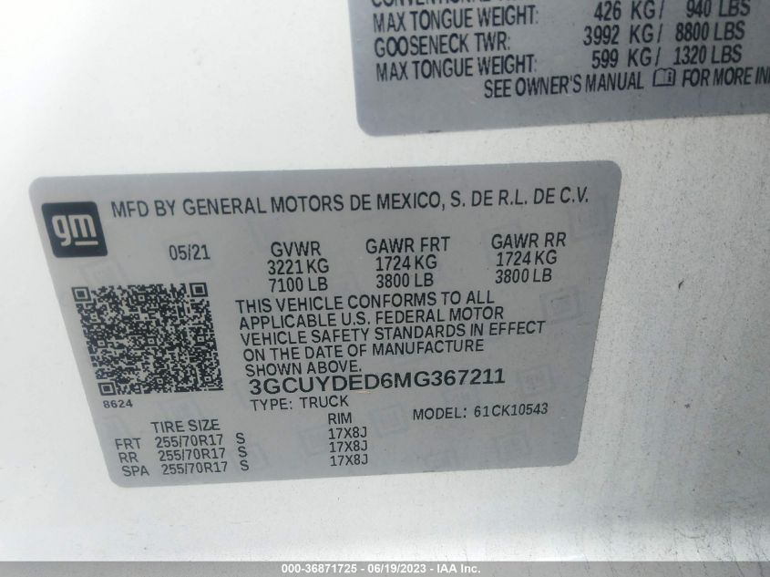 2021 CHEVROLET SILVERADO 1500 LT - 3GCUYDED6MG367211