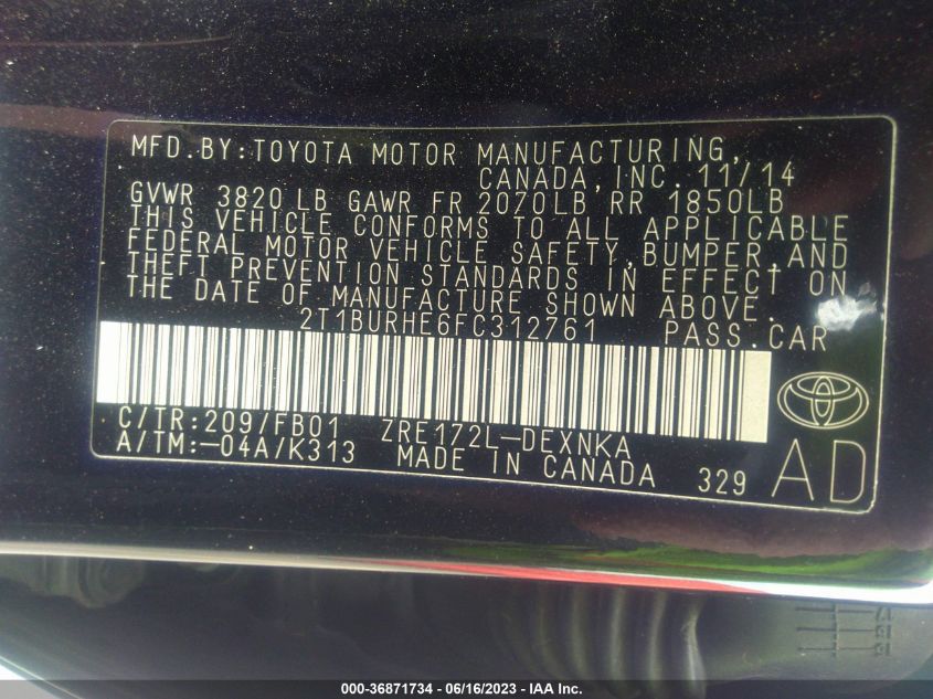 2015 TOYOTA COROLLA L/LE/S/S PLUS/LE PLUS - 2T1BURHE6FC312761